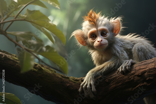 Image of cute baby leaf monkey on tree on nature background. Wildlife Animals. Generative AI. Illustration. photo