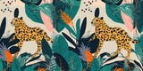 Hand drawn abstract jungle pattern with tigers. Creative collage contemporary seamless pattern. Natural colors. Fashionable template for design, Generative AI