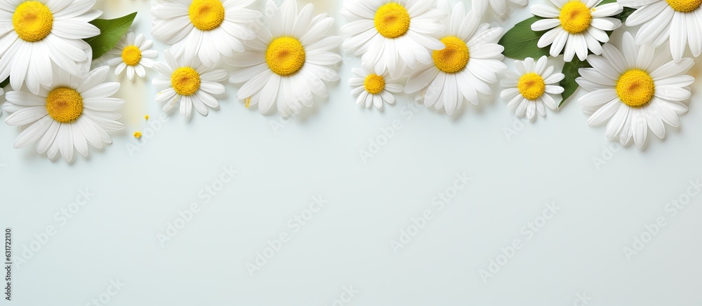 Obraz premium Spring or summer-themed image with room for text. The background consists of daisies, a white flower with a yellow center, arranged in a flat lay format, captured from a top-down perspective. empty