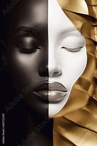 Beauty portrait fashion girl. Beauty girl face close up. black, white, gold, Closeup African American woman with copy space. Generative AI