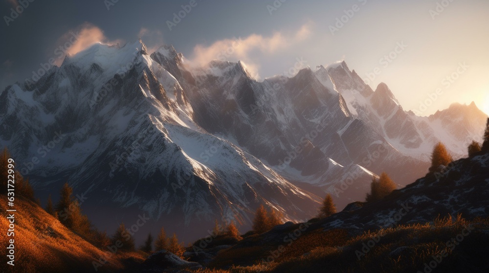 Breathtaking Snow-Capped Mountains during Golden Hour