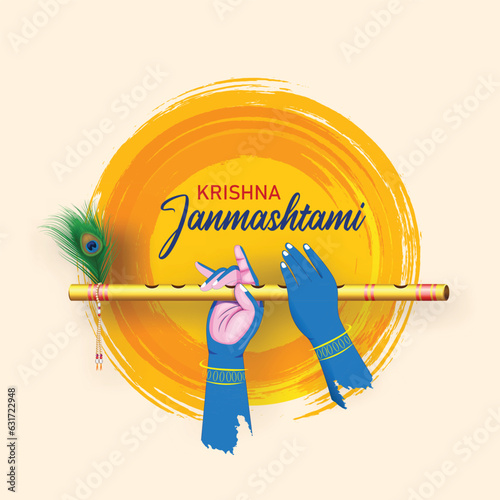 happy krishna janmashtami creative banner design with krishna hand and bansuri