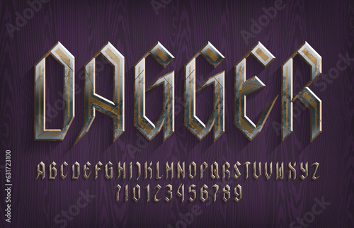 Dagger alphabet font. Medieval metal letters and numbers on a wooden background. Stock vector typescript for your typography design.