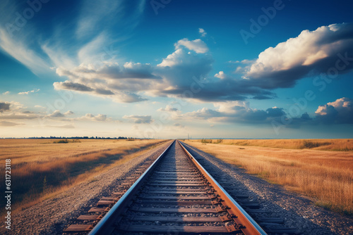 Train track in countryside stretching into horizon, blue toning concept
