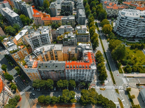 Aerial view Milan, Italy, Lombardy by drone. Milan skyline, Italy. Panorama of Milano city with the CityLife business district.  photo