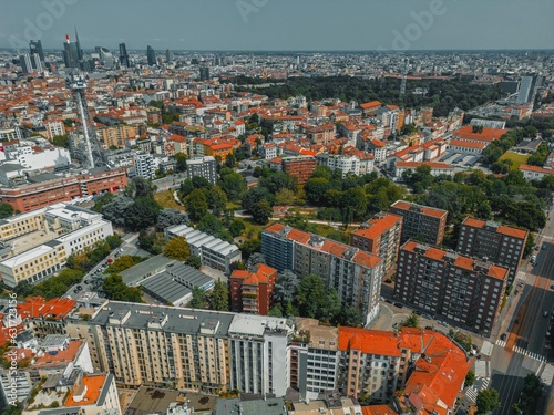 Aerial view Milan, Italy, Lombardy by drone. Milan skyline, Italy. Panorama of Milano city with the CityLife business district. 
