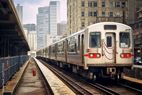 Trains arriving railway station between buildings in downtown Chicago, Illinois, Public transportation, or American city life