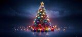 Christmas tree with colorful baubles and glowing lights in nights