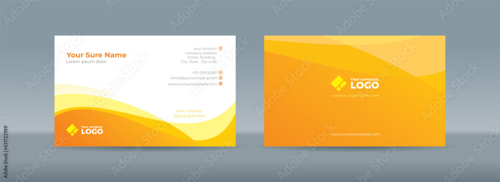 Set of double sided business card templates with abstract curves on yellow and white background