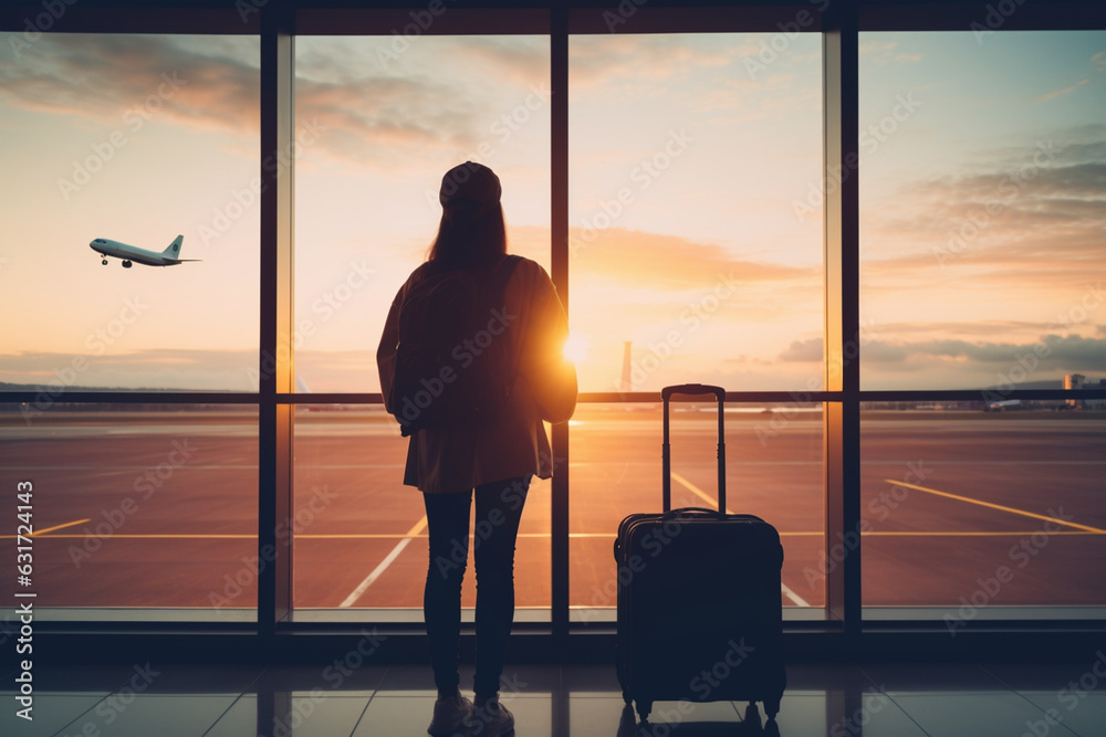 Travel tourist standing with luggages watching sunset at airport window, Unrecognizable woman looking at lounge looking