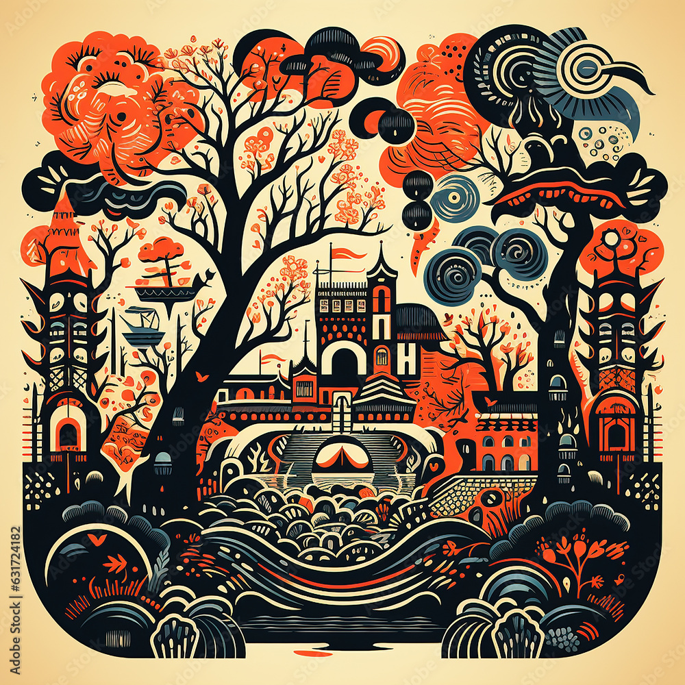 Stylized vector art block print whimsical theme with trees and houses in black, red and cream.  Generative ai.