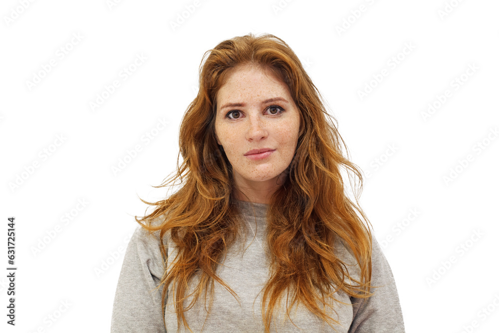 Portrait of beautiful woman with long perfect wavy hairstyle on white background