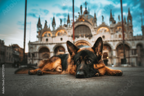 german shepherd dog chilling out in front of Saint Mark Church in Venice