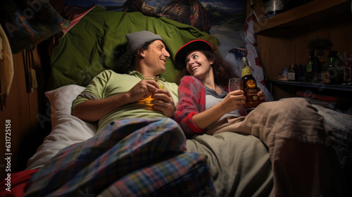 Couple drinking beer in their bed.