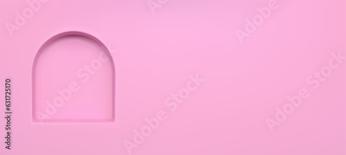 Pink arch niche shelf wall for gallery or museum. 3d store interior with recess for exposition display place. Advertising presentation rack hole backdrop template mockup. Open candy pastel stand.