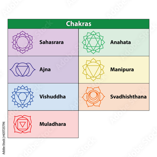 The Seven Chakras. Solid character illustration of Hinduism and Buddhism. Color yoga chakra icons isolated on white. For design, associated with yoga. Root, sacral, solar plexus, heart, throat, third 