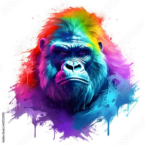 One gorilla colorful poster painting in purple and green colors isolated on white background
