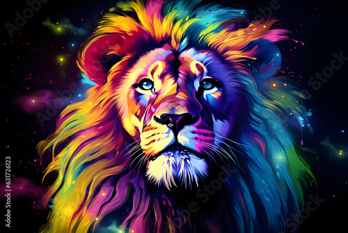 Lion painting poster in purple and green colors isolated on white background