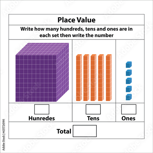 Place Value hundreds tens and ones. 10 blocks. and single blocks. Vector illustration isolated on white background.