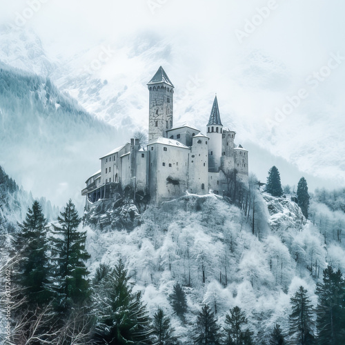 Ancient castle, on the background of alpine rocks, high towers with sharp spiers, among snowy trees, white and gray-blue tones