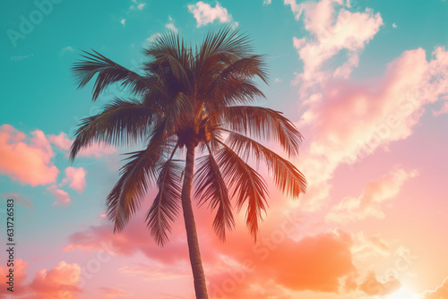 Tropical palm tree with sun light on sunset sky and cloud abstract background, aesthetic look