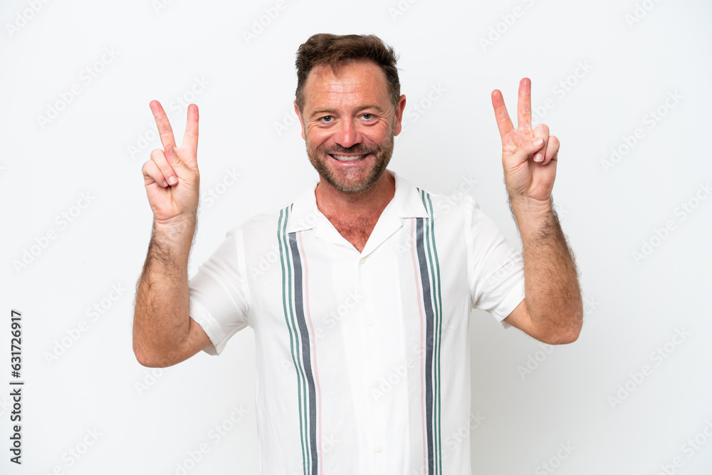 Middle age caucasian man isolated on white background showing victory sign with both hands Middle age caucasian man isolated on white background showing victory sign with both hands