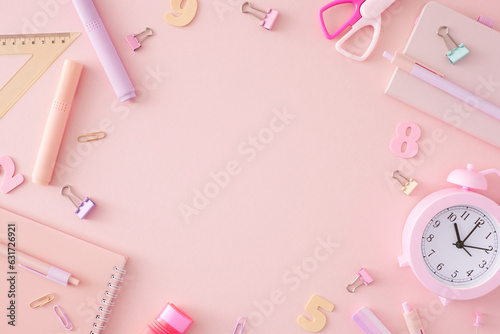Looking forward to the upcoming school year. Top view photo of pink alarm clock, school supplies, colorful numbers on pastel pink background with empty space for promo or message