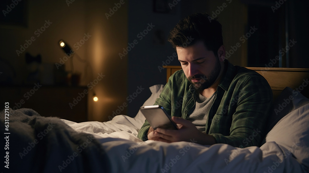 Depressed sleepy middle east young man. People using a smartphone on social media internet and sleeping on bed in bedroom at home. Lifestyle on late night in technology device concept.