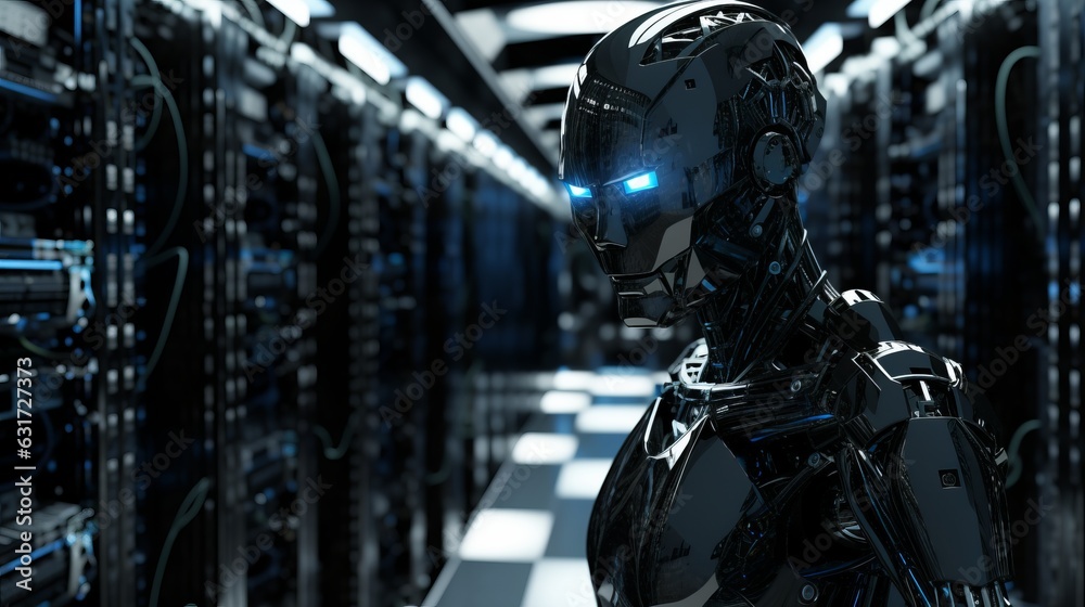 A dark server room with tall industrial looking storage with neon lights. A close-up on robotic humanoid android machine standing in the blue cyber hallway. A dark server room with tall industrial looking storage with neon lights. A close-up on robotic humanoid android machine standing in the blue cyber hallway.