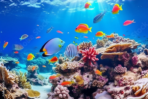 Tropical sea underwater fishes on coral reef, Aquarium oceanarium wildlife colorful marine panorama landscape nature snorkeling diving, aesthetic look © alisaaa