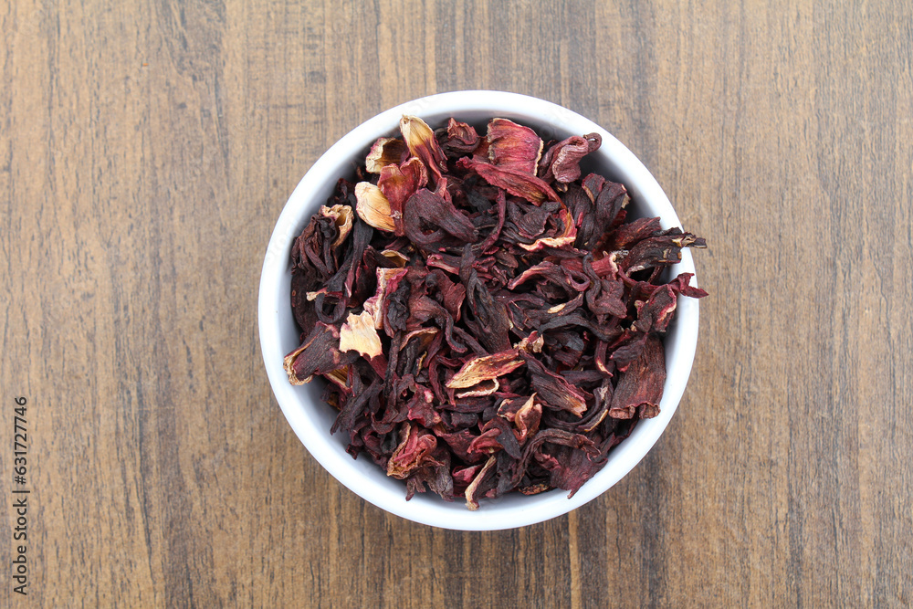 Dried Hibiscus flowers in a bowl top view Dried Hibiscus flowers in a bowl top view
