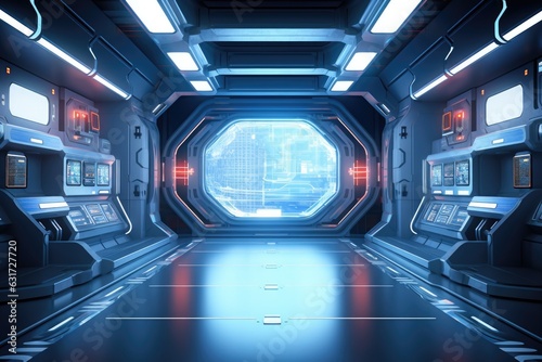 Spaceship interior with blue and red lights. 3D rendering. Generative Ai