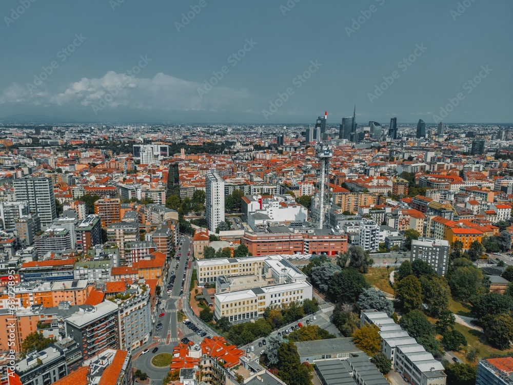 Aerial view Milan, Italy, Lombardy by drone. Milan skyline, Italy. Panorama of Milano city with the CityLife business district. 