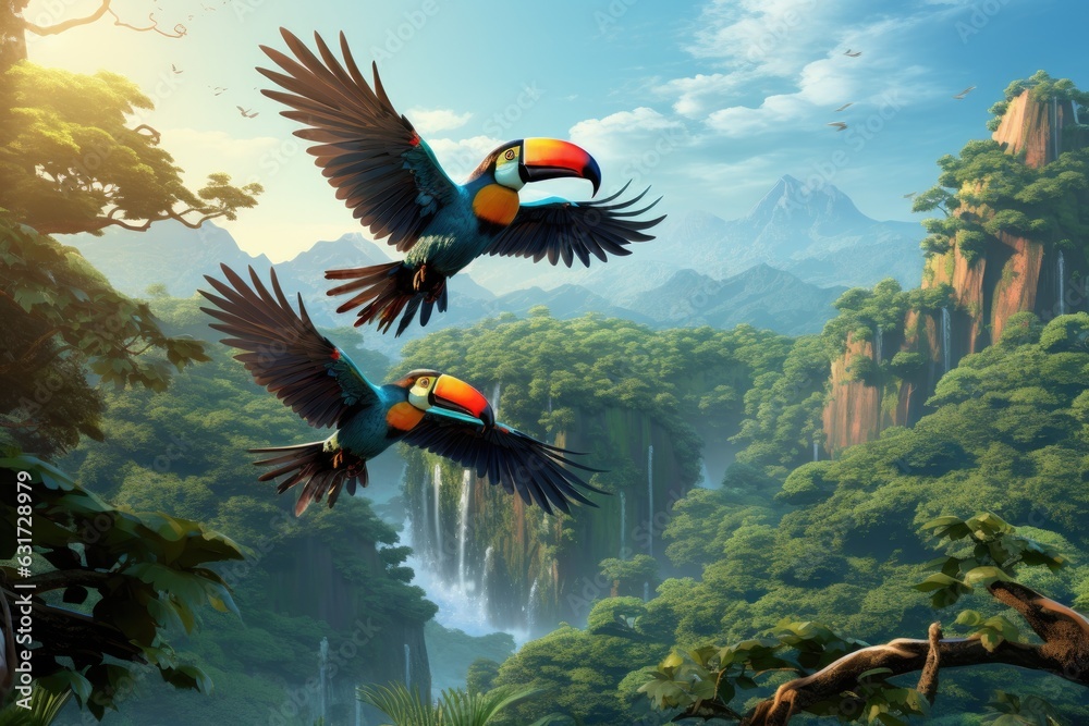 Close-up of two toucan flying outdoors - obrazy, fototapety, plakaty 