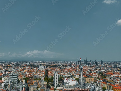 Aerial view Milan, Italy, Lombardy by drone. Milan skyline, Italy. Panorama of Milano city with the CityLife business district. 