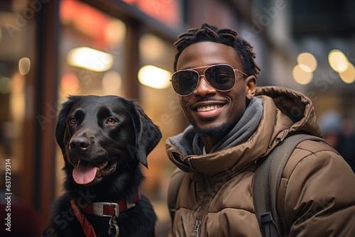 Blind black man with guide dog Handsome young