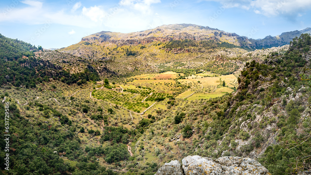Breathtaking Vall d'Albarca valley view as seen from Pujolet des Misteris mountain, a serene aerial view embracing the lush valley and the Serra de Tramuntana peaks, including Roca Rotja and Puig Roig