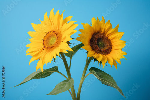 Two sunflowers in the sunny ambience  Light blue background with shadow  aesthetic look