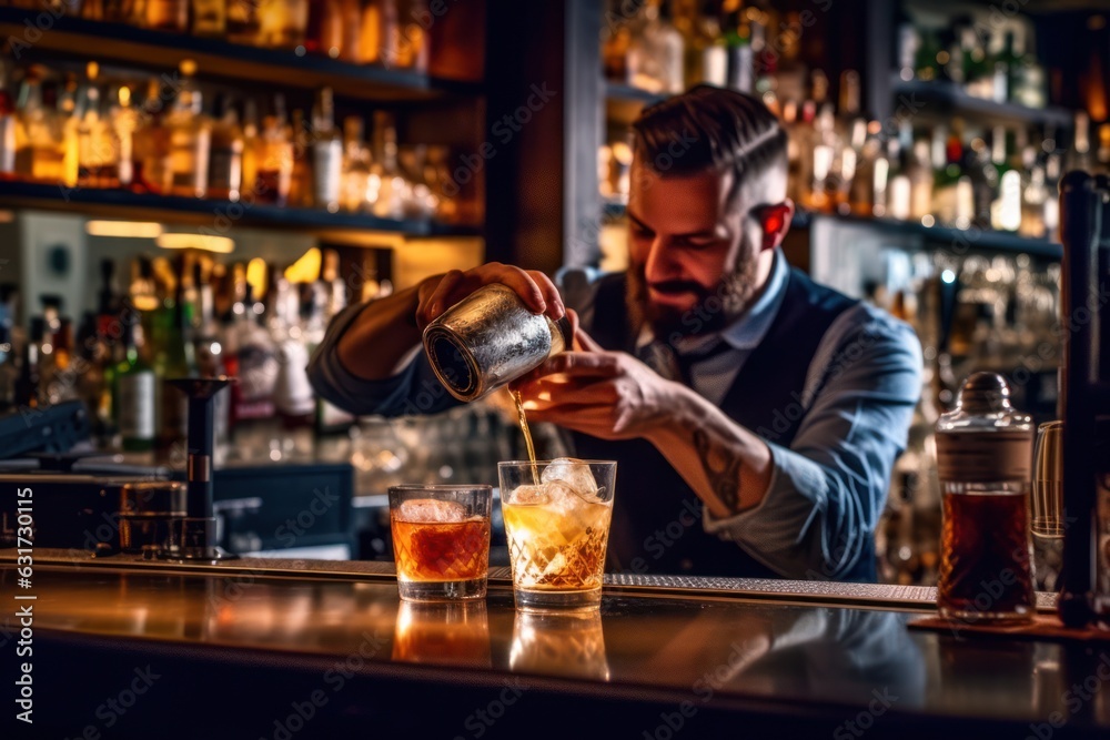 Professional bartender pouring and preparing cocktails at bar counter. Details of mixology