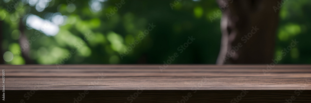 Wooden deck, blur background, tropical forest