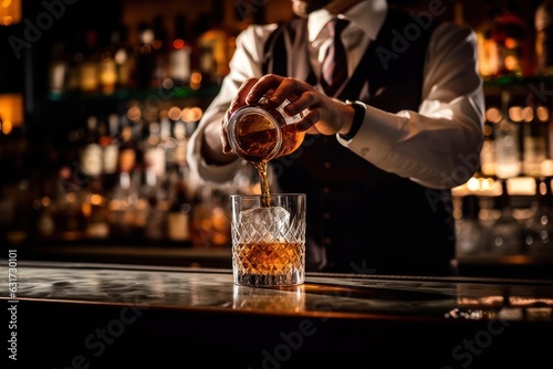 Professional bartender pouring and preparing cocktails at bar counter. Details of mixology photo
