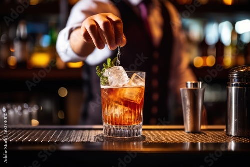 Professional bartender pouring and preparing cocktails at bar counter. Details of mixology