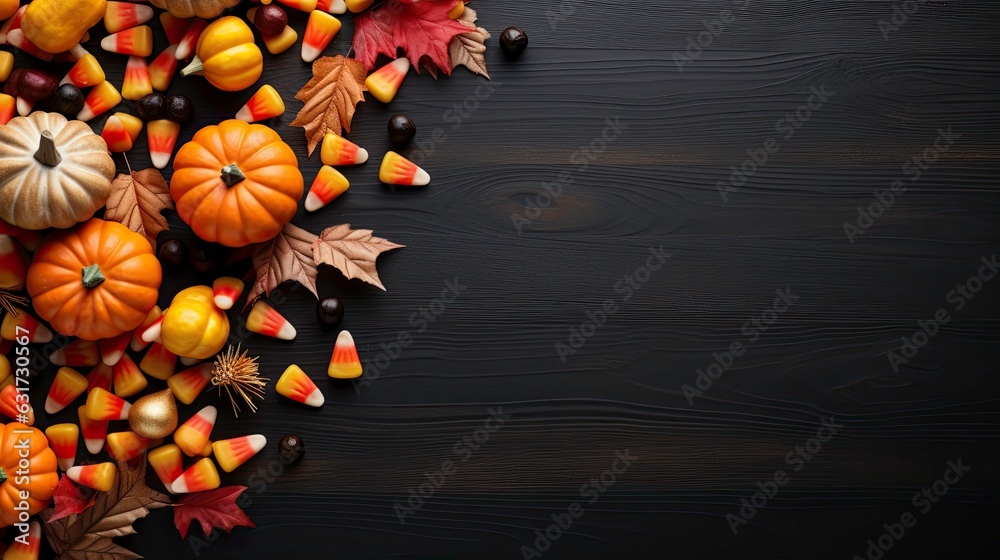 Fototapeta premium Festive halloween decoration background with pumpkin head jack lantern candy corn and decorations on wooden board, halloween concept.