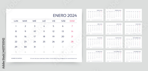 2024 Spanish calendar. Calender layout. Planner template with 12 month. Week starts Monday. Yearly stationery organizer. Table schedule grid. Horizontal monthly desk diary. Vector simple illustration