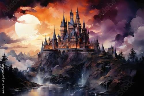 Fantasy dark castle watercolor illustration. Generative AI