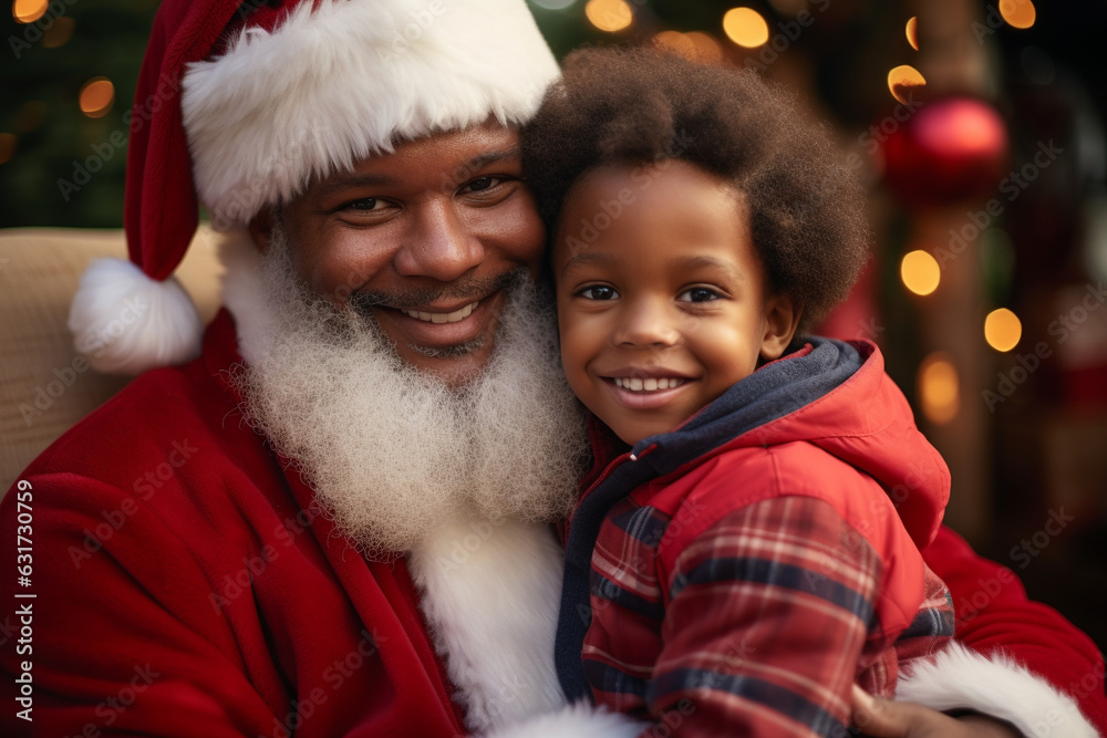 Happy kid sitting on Santa Claus laps, Christmas time. generative AI Happy kid sitting on Santa Claus laps, Christmas time. generative AI