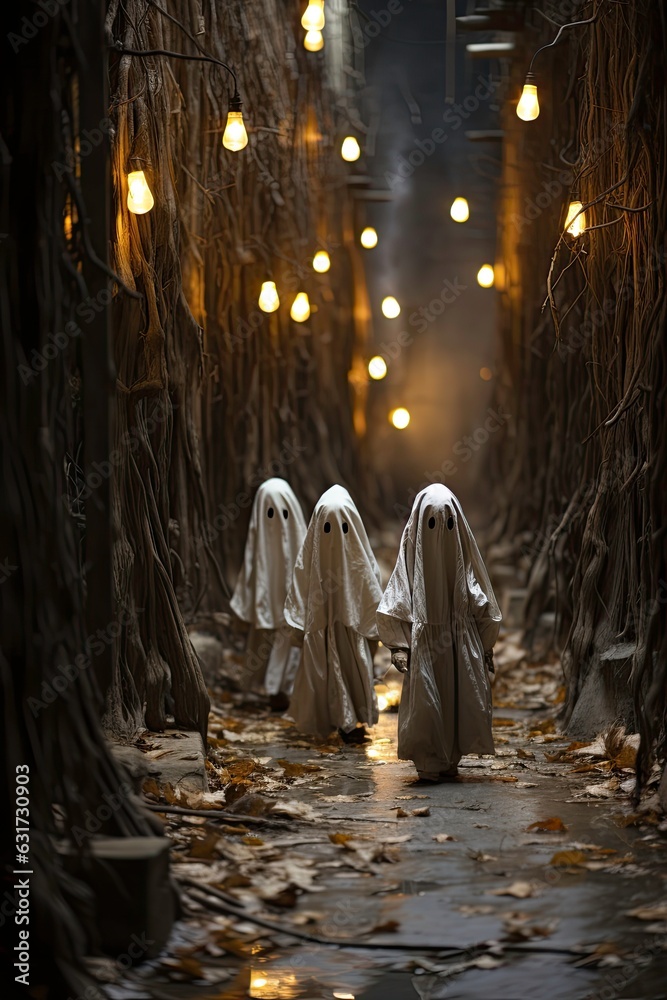Fictional children dressed as ghosts in white sheets having fun or treats on Halloween night.