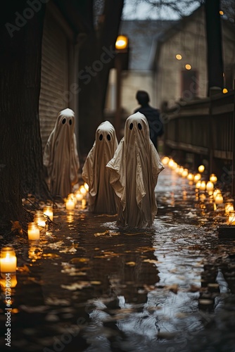 Fictional children dressed as ghosts in white sheets having fun or treats on Halloween night.