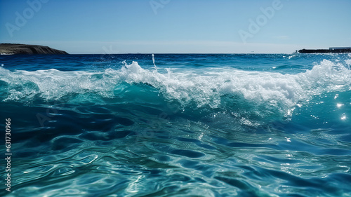 Blue sea great transparent waves break on the shore. Generative AI technology.
