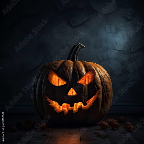 Perfect pumpkin lantern sits alone in an empty room, dark dimmed light, halloween.
